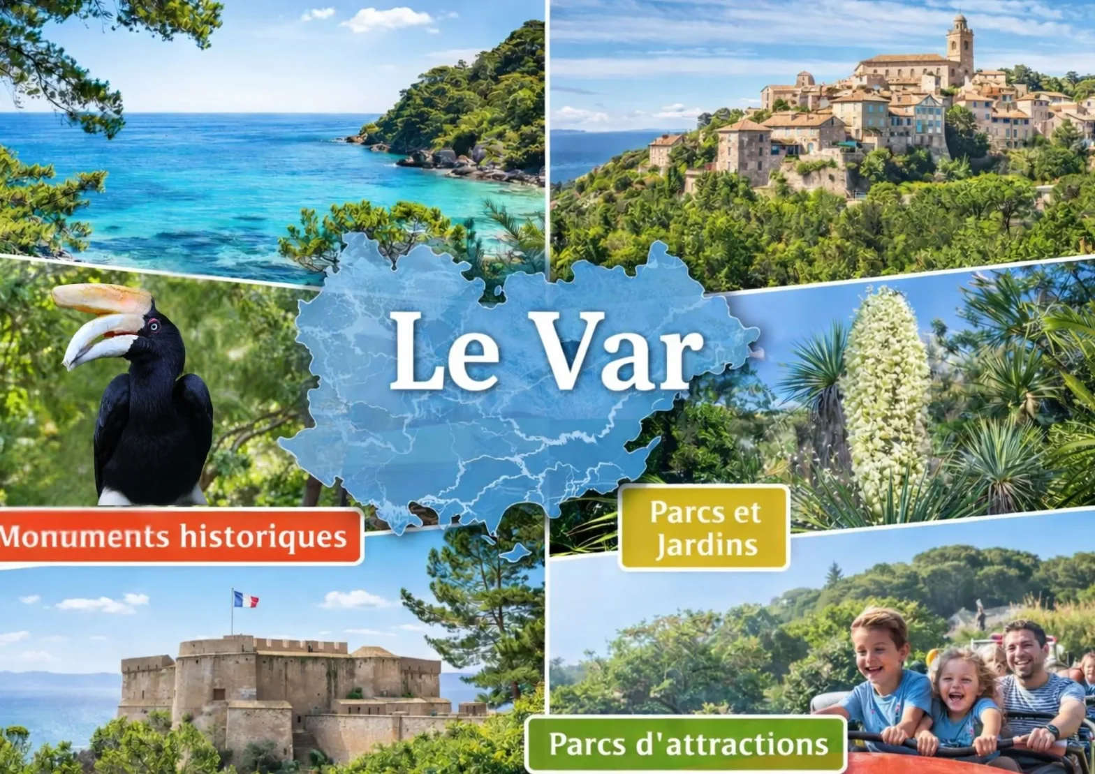 Montage illustrant les atouts du Var : mer, villages, jardins, monuments et parcs de loisirs